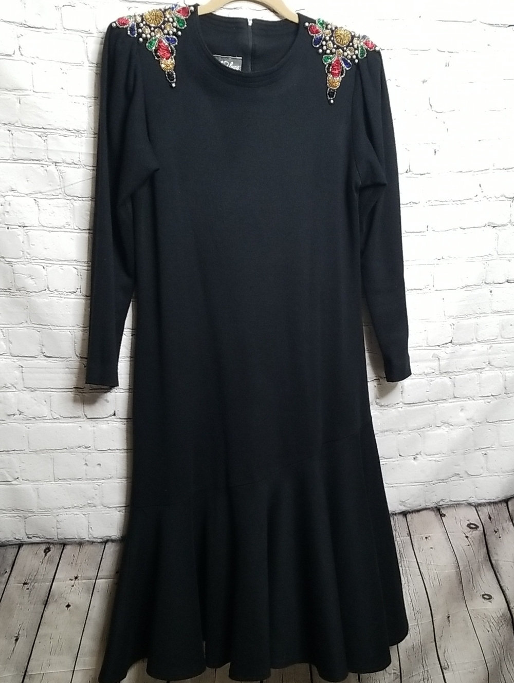 Edith Flagg Black Dress 60s Sequin Shoulder Applique Large